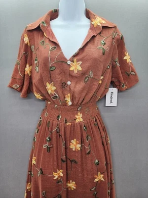 Anthropologie Kindred L Brown Ligth Embroidered Tiered Boho Midi Dress Lined - Image 1 of 4