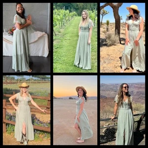 Large NEW Lulus Maxi Dress Completely in Love Sage Green Swiss Dot Front Split - Picture 1 of 23