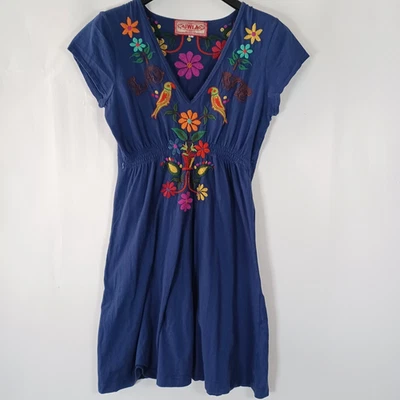 Johnny Was JWLA Dress Large Embroidered Birds Love Stretch Knit Boho Hippie Vntg - Image 1 of 4