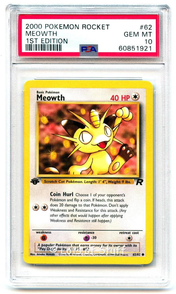 PSA 10 GEM MINT Meowth Team Rocket 1st Edition 2000 Pokemon WOTC 62/82  -21 - Image 1 of 2