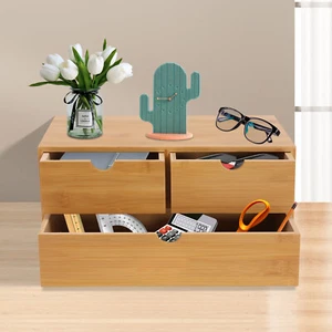 Desk Organizer Natural Bamboo Desk Top Organizer Small with 3 Drawer Shelf - Picture 1 of 10
