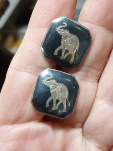 Vintage Siam Sterling Egyptian Revival Elephant Niello Earrings Screw Antique - Picture 1 of 8
