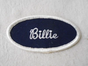 BILLIE USED EMBROIDERED SEW ON NAME PATCH TAGS OVAL WHITE ON BLACK - Picture 1 of 2