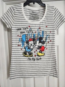 Disney Womens Small Mickey & Minnie Mouse Big Apple NY Grey White Striped Shirt - Picture 1 of 4
