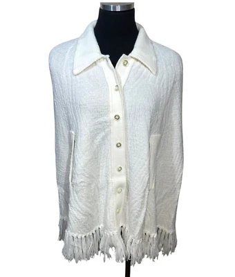 Vintage 60s Wintuk Knit Poncho Cape Shawl Sweater Button Fringe Trim Cream - Image 1 of 4