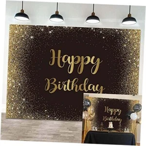 Gold Happy Birthday Backdrop Gold 7x5FT(width 210cm x Height 150cm) Black - Picture 1 of 8