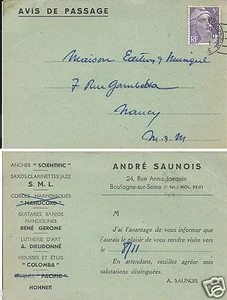 Carte Postale Avis de Passage Timbrée Oblitérée_ Musique André Saunois 1951 - Imagen 1 de 1