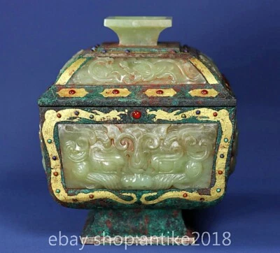 Vaso tanque tampa dourada ouro 24K raro chinês antigo prata incrustada jade hetian 5,6" - Imagem 1 de 4