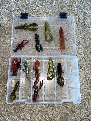 10+pc. Fishing Soft Plastic Craws & Creatures Lot with Tackle Box - Image 1 of 4