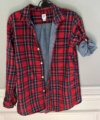 Boys GAP Kids Cotton Woven Shirt Red Green Plaid  Blue Christmas Holiday  XL 12 - Image 1 of 4