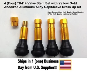 4-Set TR414 VALVE STEMS W/DRESS UP KIT-Anodized Aluminum Alloy Caps/Sleeves-Gold - Picture 1 of 10