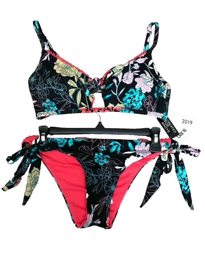 Bar III Floral-print Tie Front Bralette Bikini Top Size M # U3 274