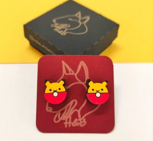 Wooden Pokémon Earrings, Pikachu Ball, Colorful Gamer Geek, Anime Fan, Nerd Gift - Picture 1 of 2