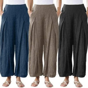 Lady Loose Cropped Pants Cotton Linen Wide Leg Trousers Casual Harem Style Solid - Picture 1 of 13
