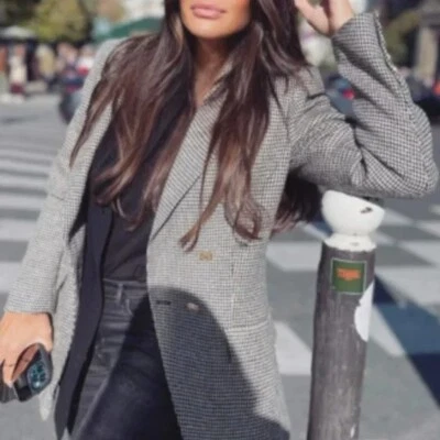 RARE ZARA HOUNDSTOOTH BLACK WHITE JACKET BLAZER DOUBLE BREASTED SIZE SMALL S NEW - Image 1 of 4