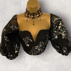 Missguided Black Gold Organza Sweetheart Neckline Crop Top, Balloon Sleeve UK 6 - Picture 1 of 3