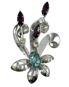 vintage Sterling Flower Retro Blue And Red Rhinestone Brooch Pin - Picture 1 of 15