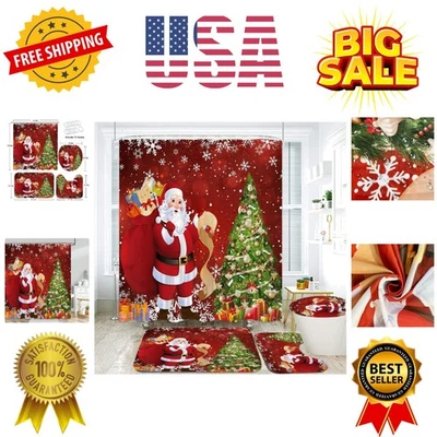 4PCS Tenda da Doccia Natale Babbo Natale Rosso Neve,con Tappeti Antiscivolo,WC... - Immagine 1 di 4