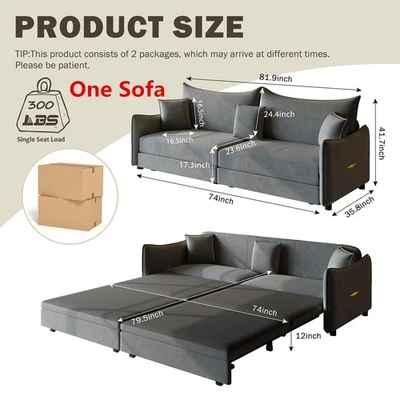 Velvet Sleeper Sofa Bed, Pull Out Couch Bed Chaise King Size Upholstere Bed - Image 1 of 4