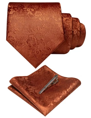 Шелковый жженый оранжевый ржавый цветочный галстук галстук и карманный квадратный носовой платок и T... - Изображение 1 из 3