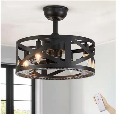 ANTOINE 17 in.  Ceiling Fan Black with Lights & Remote Farmhouse Caged Design - Image 1 of 4