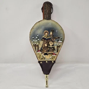VINTAGE FIREPLACE BELLOWS 3D CHRISTMAS CAROLERS WOOD BRASS LEATHER 18" - Picture 1 of 7