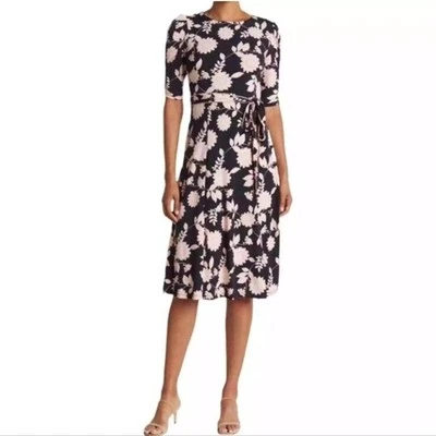 Eliza J Navy Blue Pink Floral Midi Dress 3/4 Sleeve Tie Waist NWT Womens Size 4 - Image 1 of 4