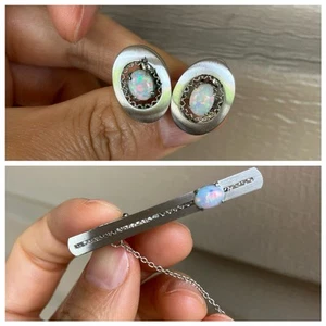 UNUSED Natural Opal Silver 900 Cufflinks & Tie Clasp / Clip Set - Picture 1 of 9