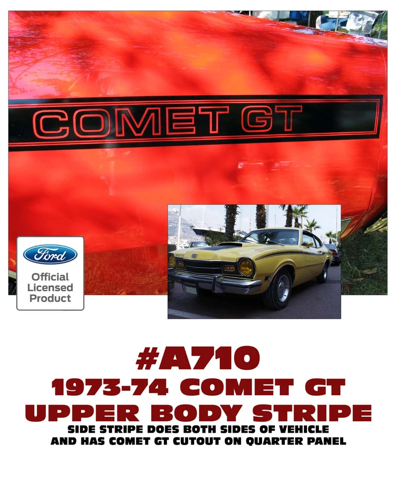 A710 1973 1974 Mercury - Calcomanía de rayas laterales Comet GT - COMET GT - RECORTE DE NOMBRE Foto 1 de 1