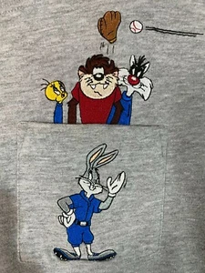 Kids Warner Bros Gray Tee-Shirt Bugs Bunny Taz Tweety Sylvester Embroidery M - Picture 1 of 8