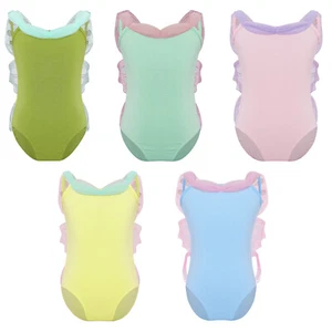 Kids Girls Jumpsuits Fitness Dancewear Tulle Neckline Ballet Dance Leotard Yoga - Picture 1 of 44