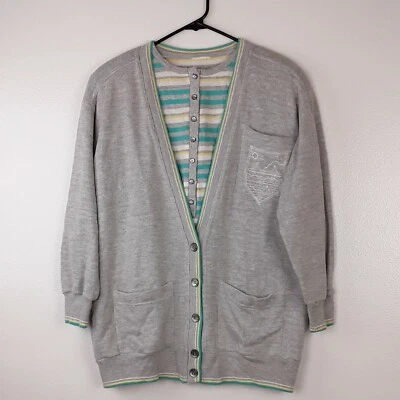 Koret Petites Cardigan Women's T-shirt Gray Turquoise Stripe Sweater M/L? No Tag - Image 1 of 4