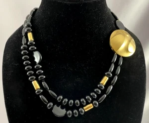 TRIFARI Gold Tone & Black Beaded Off Center Necklace Hook Closure - Picture 1 of 7