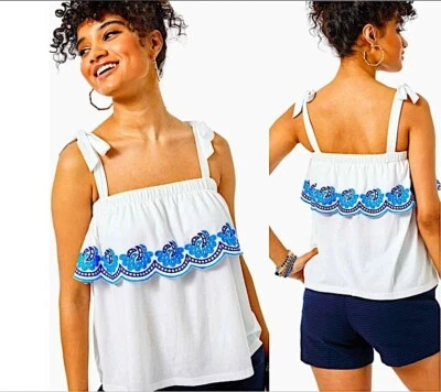 Camiseta sin mangas Lilly Pulitzer Benita azul festoneado bordada en blanco resort S Foto 1 de 4