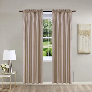 2PC SOLID COLOR-BLOCK BORDER FAUX SILK SEMI SHEER WINDOW CURTAIN PANEL 84"L MR2 - Picture 1 of 29
