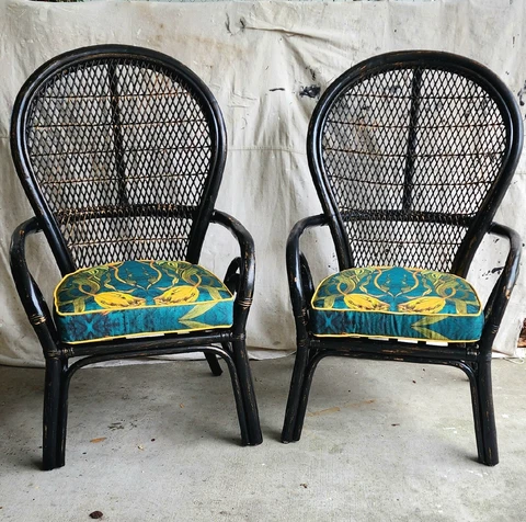 Vintage Balloon Back 1970s Distressed  Black Rattan  Pair of Chairs Boho CHIC Cover