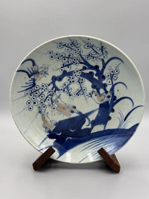 Antiguo plato de porcelana de pájaros rojos con esmalte azul/blanco chino del siglo XIX 10 1/4"" Foto 1 de 4