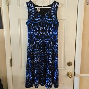 Anne Klein Blue & Black Abstract Kaleidoscope Print V-Neck A-Line Dress Size 10 - Picture 1 of 5