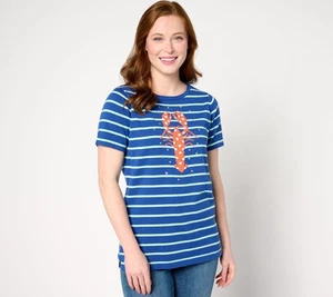 Quacker Factory Polka Party Short Sleeve Sweater Royal/Lobster XL New - Picture 1 of 1