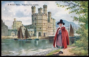 Caernarvon Castle Welsh Maid Wales Postcard - Picture 1 of 2
