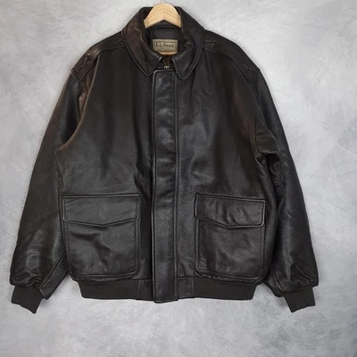 LL Bean Leather Jacket Mens XL Brown Thinsulate Insulated Bomber Coat - Image 1 of 4