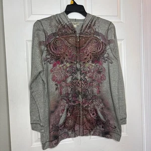 One World Hoodie 2x grau Boho Blumen Strass Reißverschluss - Bild 1 von 7