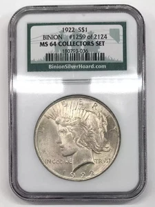 1922 P Peace Silver Dollar NGC MS-64 BINION SILVER HOARD COLLECTORS SET #1259 - Picture 1 of 3