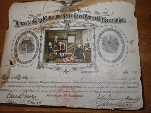 Antique AMERICAN FLAG HOUSE & BETSY ROSS MEMORIAL Assoc. 1899 CERTIFICATE #93655 - Picture 1 of 7