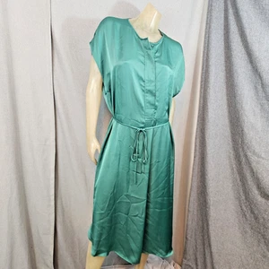 H&M Solid Green Satin Look Cap Slv Midi Dress LARGE USED Button Front Tie Waist - Picture 1 of 6
