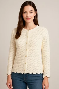 Vintage Elfenbein Strick Cardigan Pullover Knopfleiste Raute Pointelle Langarm L - Bild 1 von 4