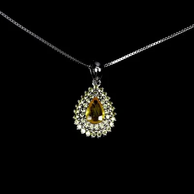 925 Collana in Argento Legge Giallo Zaffiro 7x5mm Gemma Naturale Gioielli - Immagine 1 di 4