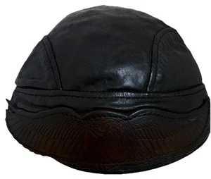 Berretto vintage pelle nera teschio marrone ali d'aquila personalizzato bello made in USA taglia unica - Foto 1 di 5