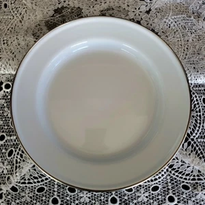 4 White Silver Trim Enamelware Tin Metal Round 10" Dinner Plates EUC - Picture 1 of 4
