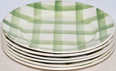 6 Rare Antique 1940s French Moulin des Loups Green Gingham Dinner Plates - Image 1 of 4